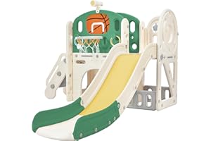 ‎HAINEW 5 in 1 Kinderrutsche Indoor und Outdoor für ab 1-6 Jahr, Kinder Spielplatz mit Langer Rutsche, Aufbewahrungsbox, Tunnel, Treppenleiter, Basketballkorb und Durchgangsbereich, Gartenrutsche, Grün