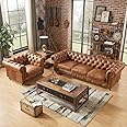 ANTIQUE WOOD ART Modern & Classic 4 Seater Lathreratte Tufted 3+1=4 Chesterfield Sofa for Living Room, Dining Room, Hallway and Office=(Brown).