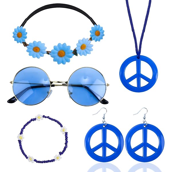 Hippie Kostüm Set – 4-teiliges Accessoire-Set Mit Sonnenbrille, Halskette & Stirnband