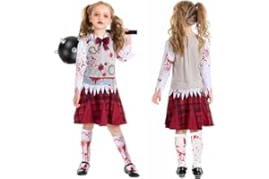 KYOEOE Halloween Kostüm Zombie Mädchen,Zombie Kostüm Kinder mit Meteorhammer Requisiten,5-12 Jahre Gruselige Zombie Cheerleader Kostüm Mädchen Horror für Halloween Karnevals Cosplay