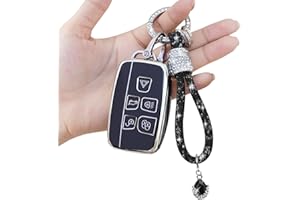 Yumzeco 5 Tasten Silicone TPU Autoschlüssel Hülle Cover mit glänzendem Diamant Schlüsselband, Kompatibel mit R_ange Rover Discovery Sport Jaguar XE XJ F-TYPE, Auto Keyless Smartkey Schutzhülle-Schwarz