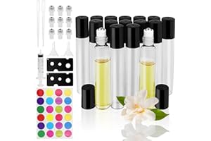 Annyswit 16 bottiglie da 10 ml Roll On per oli essenziali, vuote in vetro trasparente con apertura aggiuntiva, imbuto contagocce etichette roll-on contenitore per la cura del viso e del corpo