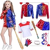 Forfamy Costume Harley Queen Carnevale, Harley Queen Cosplay Outfit con Gonfiabile Mazza da Baseball Giacca Maglietta Pantalo