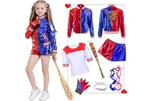 Forfamy Costume Harley Queen Halloween, Harley Queen Cosplay Outfit con Gonfiabile Mazza da Baseball Giacca Maglietta Pantaloncini Guanto Collana e Parrucca per Carnevale Halloween