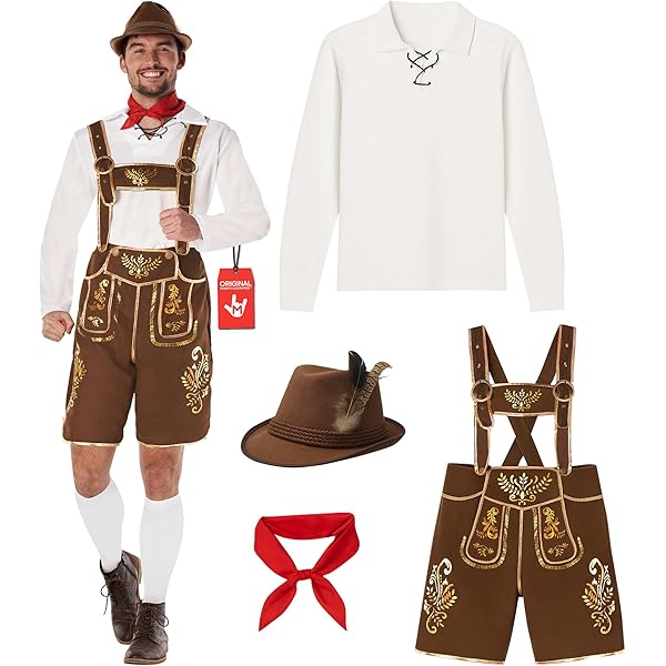 Partychimp Oktoberfest Heren Trachtenset Lederhosen Set Man (Lange Donkerbruine Polyester Lederhosen met Bretels Oktoberfest Blouse Rood) Maat M