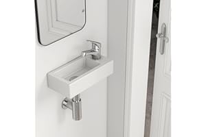 EMKE Umywalka – mini umywalka wisząca do łazienki i WC dla gości – 36 × 18 × 9 cm – wysokiej jakości ceramiczna umywalka – prostokątna, z otworem na armaturę, prawa – biała