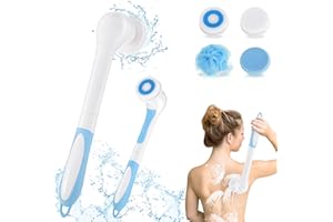 Bestcool Electric Bath Brush Set, Waterproof Body Brush 2 Speeds USB Back Scrubber Lengthen Handle with 4 Spin Brush Heads Foaming Bath Ball Silicone Massage Head for Deep Cleaning and Relaxing
