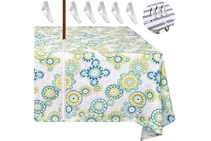 MKISHINE Tablecloth for patio table,bonus 6 clips fit patio table perfectly with opening for umbrella stand,robust, waterproof,machine washable with the zip you can take it on and off easily