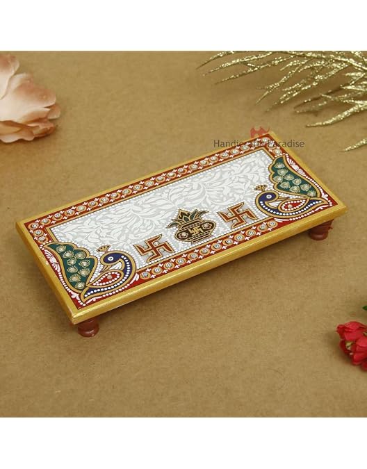 Chowki Pooja En Bois Décoré | Support Autel 14x14x3 Cm Doré, Pour Prière, Idoles, Festivals, Cadeaux Religieux