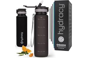Hydracy Gourde d'Eau 1L sans BPA, Bouteille avec Marqueur de Temps, Paille et Verrouillage Sécurisé - Housse en Néoprène, Étanche, Anti-Fuite, Réutilisable, Légère - Idéal pour Sport, École, Travail