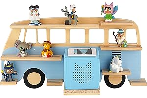 LITTLE GOLDIE KIDS INTERIOR Little Goldie® Tonie Regal - für bis zu 32 Tonie Figuren (magnetisch) - Bus Motiv für Jungen und Mädchen - freistehend o. hängend - hellblau