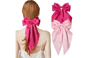 FNZBSY 2Pcs Big Hair bow,Hair Bows for Women, Bow Hair Clip, Elegant Solid Color French Barrette Bows For Hair With Long Silky Satin Hair Barrettes Accessories Bow Hair Clips for Women Girls(Pink+ Hot-pink)