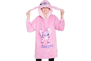Disney Sudadera Oversize Polar con Peluche de Stitch Angel, Cosido a la Sudadera, Batamanta con Capucha para Niña