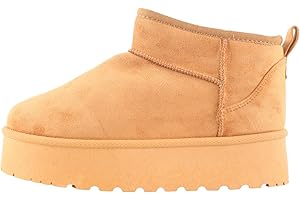 MIOBER Women's Suede Platform Mini Low Ankle Boots Slip On Ladies Faux Fur Ultra Snow Boot Winter Shoes