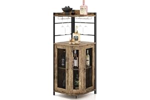 GIANTEX Armadietto Angolare Industriale Da Bar Con Supporto In Vetro, Armadietto Da Vino Con Ripiano Regolabile, Portabottiglie Vino Da Cucina Con Protezione, 130x47,5x47,5 cm (Grigio Quercia)