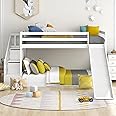 LTGB Bunk Bed with Stairs and Slide, 2021 New Solid Pine Wood Frame, Children Bed with 2 Drawers in the Steps, Suitable for Any Room, 90x190cm, White【UK Fast Delivery】
