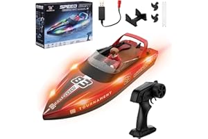 Snorthy Barco Teledirigido Barco RC con luz LED 15 KM/H Control Remoto 2,4 GHz Bote De Carreras Rápido para Niños Juguete de Piscina Bote Eléctrico para Mares Piscinas Lagos (Rojo)