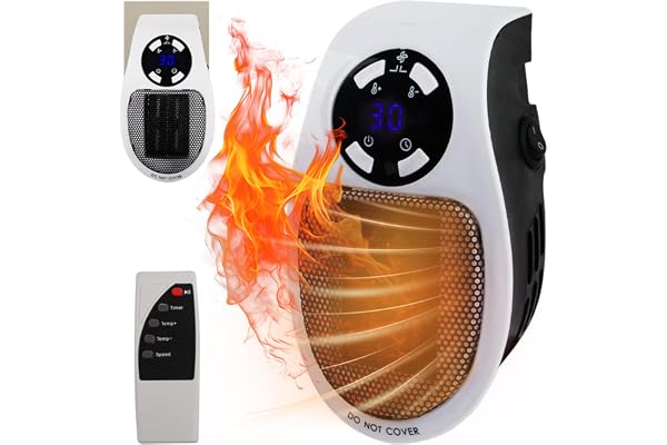 500W Plug-in Heater, FainFun Mini Electric Socket Air Heater, väggmonterad rymdvärmare med fjärrkontroll, 500W Electric Blower Heater med 2 lufthastigheter, termostat, timer