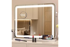 STARLEAD Specchio-Trucco-con-Luci 3 Colore Dimmerabile, Specchio-con-Luci-Make-Up 58 x 48 cm con Lente D'ingrandimento 10X, Porta Ricarica USB, Specchio-da-Tavolo Supporto Montaggio Parete, Bianco