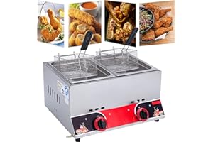 XINGG Commercial Gas Fryer, LPG Countertop Gas Fryer, Stainless Steel, 22L Large Capacity Dual Fryer, With Removable Baskets, Adjustable Firepower, Easy Clean