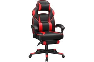 SONGMICS Sedia da Ufficio, Poltrona Racing Ergonomica, Poggiapiedi Telescopico, Schienale Inclinabile, Poggiatesta e Supporto Lombare, Portante di 150 kg, Nero Inchiostro e Rosso Fragola OBG73BRV1
