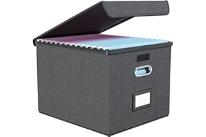 OKYDOKY Portable File Organizer Box with Lids, Collapsible Linen Hanging Filing Storage Boxes with Plastic Slide, Decorative Home/Office Filling System for File and Folders Storage (Folders not included)