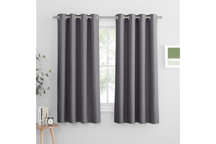PONY DANCE Grey Blackout Thermal Insulated Curtains for Bedroom, 46 x 54 Inch Short Eyelet Curtains & Drapes, Soft Black Out 2 Panels for Window Living Room/Kitchen