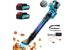 Olubfdh 21V Soffiatore a Batteria 255Km/h 1070m³/h, Max 38000RPM, 3 Velocità con 2 batterie 4000 mAh e caricabatterie Display LCD per Foglie Giardino, Trucioli Legno, Pulizia del Cortil (Blu)