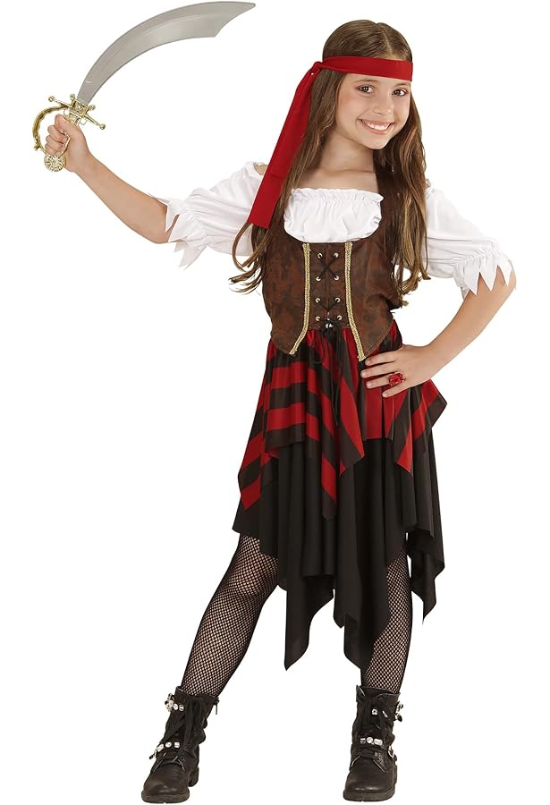 Costume Da Corsaro Rosa Per Bambina - Vestito E Cappello - Taglia 7/9 Anni (122/134 Cm) - 2