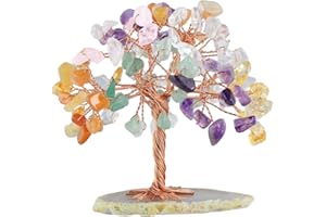 KYEYGWO Décoration Arbre de Vie en Pierre Naturelle d'Énergie, FengShui Figurine sur Tranche d'Agate pour Reiki Chakra Guérison Fortune Richesse Santé, 7 Chakras