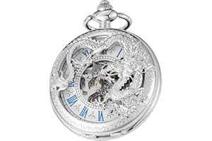 Tiong Vintage Unique Hollow Mechanical Steampunk Pocket Watch with Chain Skeleton Roman Numerals Pocket Watches for Men Gifts & Box