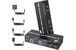 CLICKFISH 8K60Hz HDMI KVM Switch 2 PC 2 monitors, USB3.0 Conmutador KVM 2 Ordenadores que Comparten 2 Monitor y salida de micrófono de audio y 3 Dispositivos USB, Soporte Copia y Pantalla Extendida