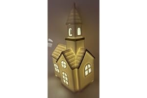 khevga LED Keramik Kirche weiß 23x13x9 cm – Weihnachtsdeko Haus mit warmweißem Licht & Timer, batteriebetrieben