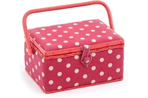 HOBBY GIFT Medium Dark Red Spotted Sewing Box, Cream Polka Dot Pattern Fabric, 18.5 x 26 x 15cm