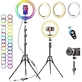 Ring Light with Tripod Stand & Phone Holder - 10 inch Selfie LED Ringlight Dimmable Desktop Lamp 40 Colors RGB Tall Circle Li