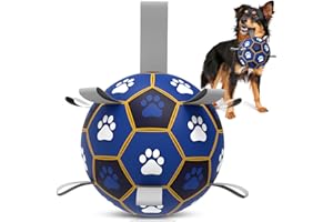 HETOO Dog Ropes Toys Soccer Ball with Straps, Interactive Dog Toys for Tug of War, Puppy Birthday Gifts, Dog Tug Toy, Dog Water Toy, Durable Dog Balls for Medium & Large Dogs-Blue&Black (6 Inch)
