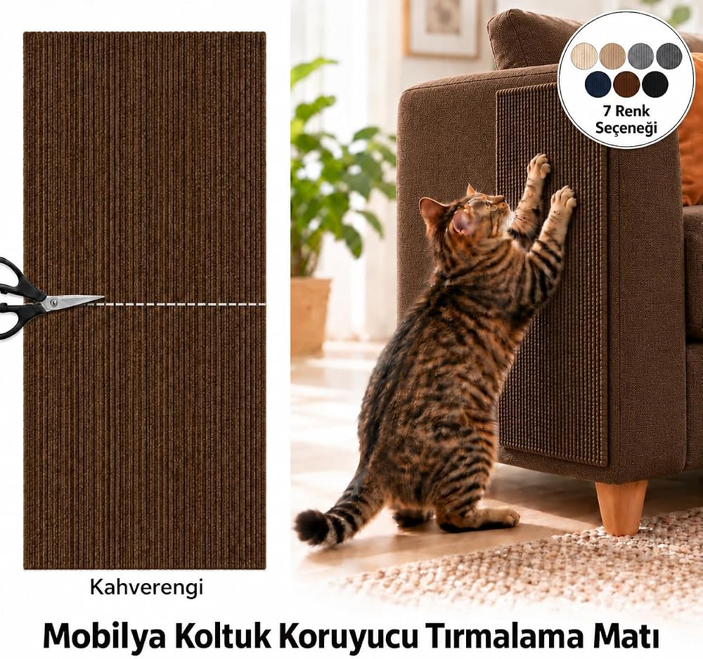 getmeev Yapışkanlı Kedi Tırmalama Halısı 100x30 cm, Mobilya Koruyucu Tırmalama Pedi, Koltuk ve Mobilya Yüzeyleri İçin Kolay Montajlı Kedi Tırmalama Matı (Kahverengi)