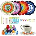 PATPAT 4Pcs Floral Crochet Coaster Kit - Diy Crochet Starter Set For Beginners With Ergonomic Hooks, Vibrant Yarns, Needle & Step Guide - Decorative Tea Coasters (Random Colors, Multicolor)