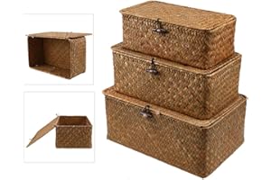 DECHOUS Algenkörbe mit Deckel: Geflochtene Körbe, Seegras-Aufbewahrungskorb, gewebter Korb, Rattan-Aufbewahrungskorb, Behälter, Behälter für Regal, Desktop, Größe S, M, L