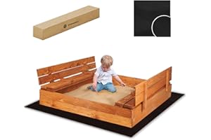 SPRINGOS Arenero de madera de 120 x 120 cm con tapa abatible, caja de arena grande con bancos de asiento, impregnado respetuoso con el medio ambiente, incluye geotextil, caja de arena segura e impermeable para