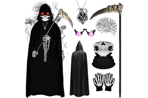 MOSTFUN Sensenmansdräkt för barn, 7-delat Halloween-kostym-set med kappa, lise, dödskalle-mask, skeletthandskar, glasögon, hängen och kedja, för cosplay och halloweenfest