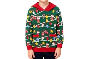 Momkonzz Boys Christmas Jumper Toddler Xmas Knit Pullover Top for Kids Hooded Jumpers with Pockets Holiday Patterns 3-8T