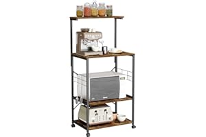 Bestier Kitchen Baker’s Rack Microwave Oven Stand on Wheels 4 Tier Organizer with Slide Out Kitchen Storage with Side Hooks Utility Storage Shelf for Kitchen Dining Room Living Room