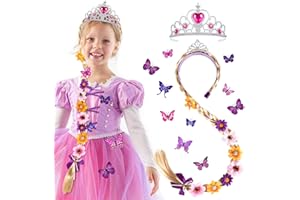 vamei Perruque Raiponce Enfant Fille Perruque Princesse Fille Raiponce Accessoires avec Princesse Diadème et Papillon Broche Cosplay Perruque Tresse pour Filles Carnaval Haloween Fête