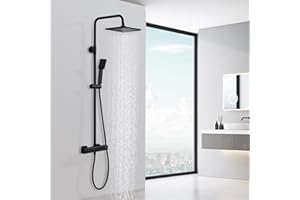 HOMELODY Duschsystem mit Thermostat Schwarz - Duscharmatur Edelstahl Regendusche mit armatur, Duscharmatur Komplettset 2 Shower Head Sicherheitssperre bei 38°C, Duscharmatur Schwarz