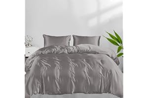 LINENWALAS 100% Natural Bamboo 3Pc Duvet Cover Pillowcases Set with Zipper and Corner Ties- Softest, Super Breathable, Cool Silk Soft Bedding Perfect for Skincare (Double, Light Grey)