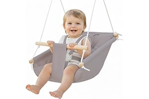CaTeam - Hamac pour bébé en Toile, Chaise Suspendue en Bois avec Ceinture de sécurité, Chaise hamac Durable pour bébé, balançoire extérieure et intérieure pour Enfants, Gris Taupe