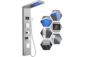 ROVOGO Brossé Panneau Colonne Douche LED sans Batterie, 6 Modes avec Mitigeur - Affichage de la Température/Cascade/Pluie/2 Jets de Massage Carrés/Douchette/Bec de Baignoire, Acier Inox, Montage Mural