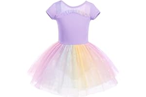 IMEKIS Robe de ballet en coton pour fille - Tutu avec papillon arc-en-ciel - Jupe à manches courtes - Dos nu