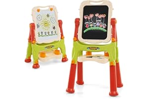 COSTWAY Dwustronna Tablica dla Dzieci z Regulacją Wysokości, Suchościeralna i do Pisania Kredą, Stojąca (Zielony + Pomarańczowy)